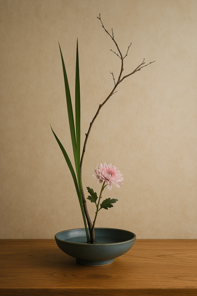 minimalist-ikebana-pink-chrysanthemum-zen A minimalist Ikebana flower arrangement featuring a pink chrysanthemum, a bare branch, and two tall green leaves in a shallow ceramic vase on a wooden table, set against a warm beige background