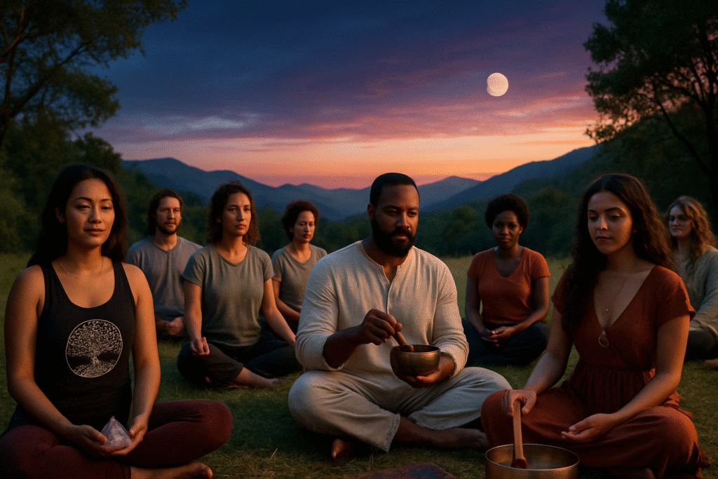 Diverse group meditating outdoors under the full moon at sunset during a global spiritual retreat โ featured on the GlobalMBS About page