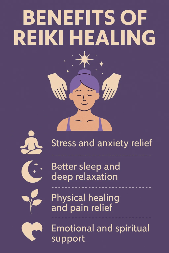 Infographic showing the benefits of Reiki healing, including stress and anxiety relief, better sleep, physical pain relief, and emotional and spiritual support.