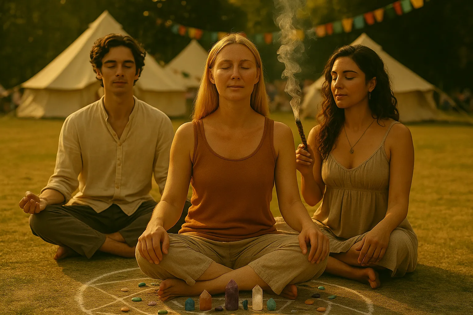 Group meditation and incense at a Mind-Body-Spirit Festivals event