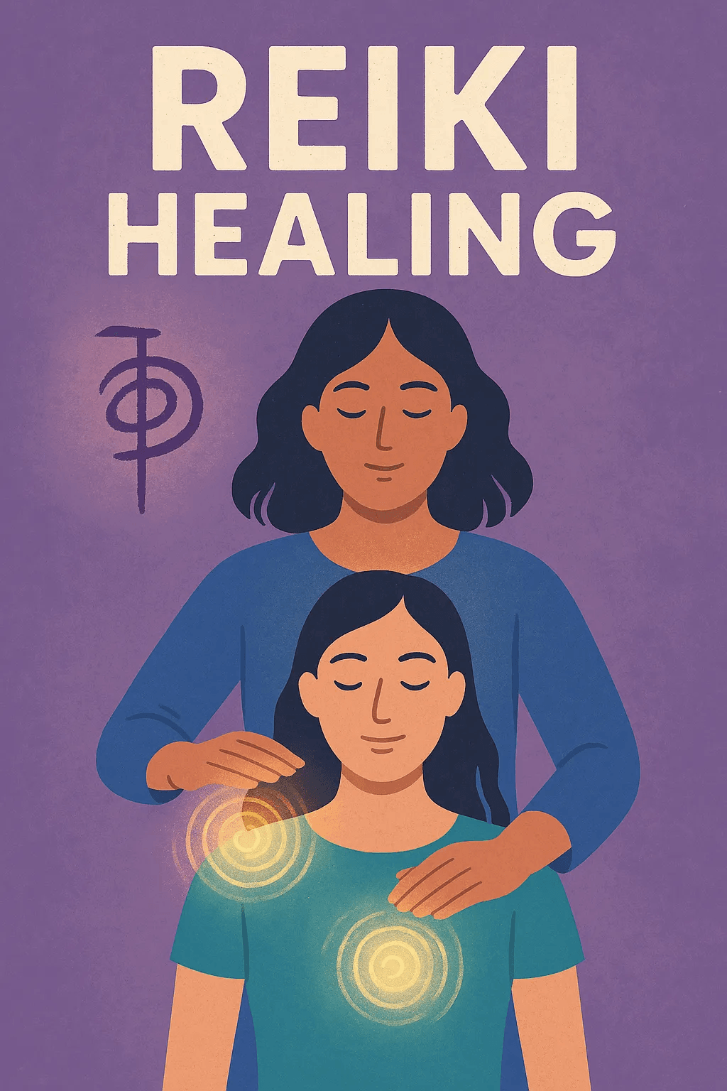 Illustration of a Reiki practitioner channeling healing energy into a seated person’s shoulders, symbolizing the calming and restorative power of Reiki therapy
