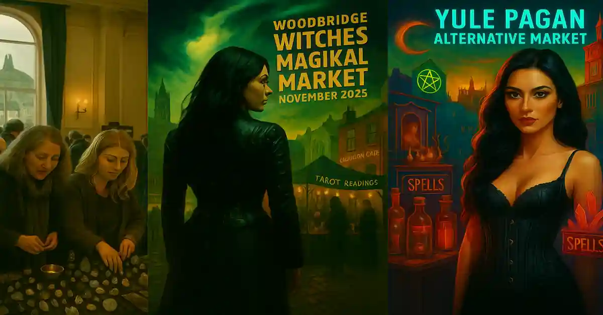 A triptych-style promotional image for Halloween witches markets, featuring a candlelit Glastonbury market hall, a leather-clad figure at the Woodbridge Witches Magikal Market, and a dark-haired woman among glowing spell bottles at the Yule Pagan Alternative Market.