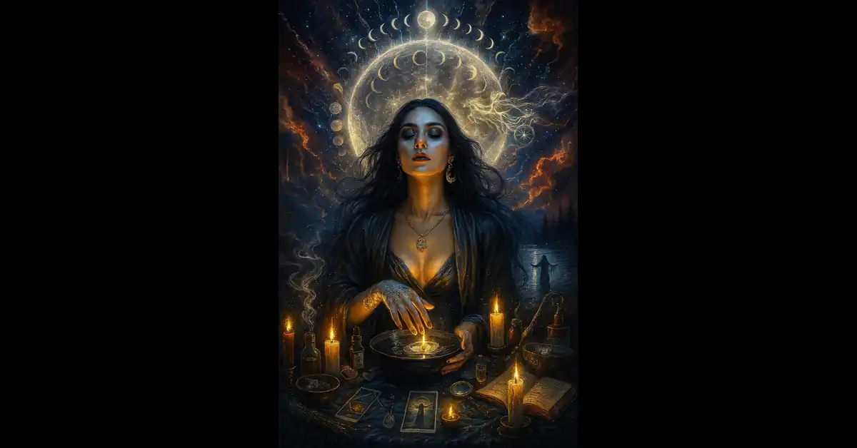 Photorealistic mystical woman under a glowing full moon, surrounded by candlelight, moon water, crystals, and ritual elements for a powerful full moon ritual scene