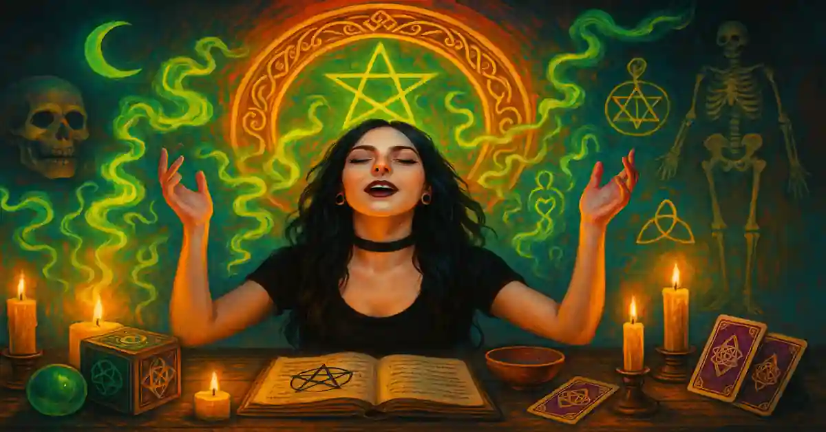 Ecstatic modern goth woman channels power in vibrant Samhain ritual with glowing symbols, candles, pentacle, and altar tools