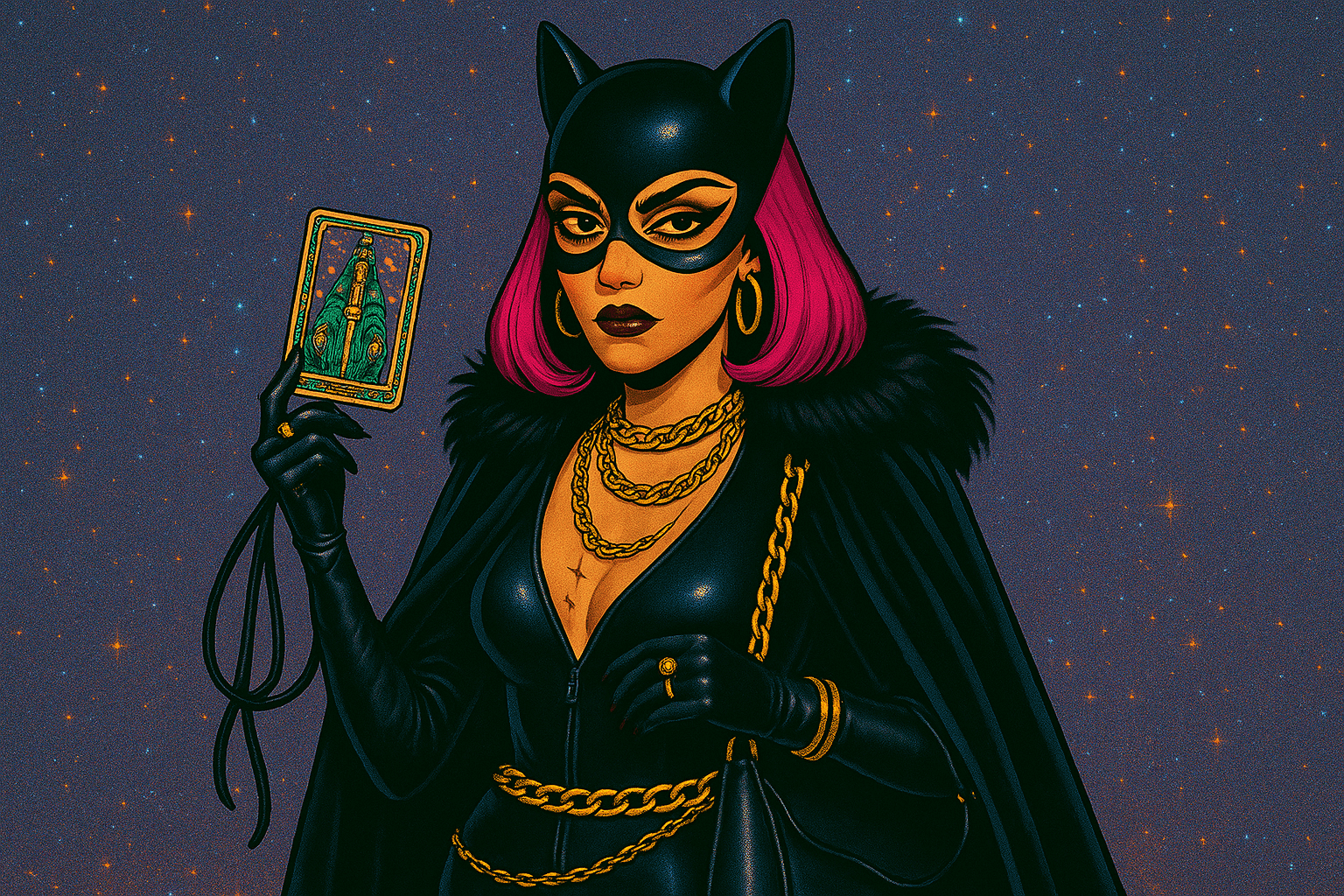 A gothic woman in a sleek black catsuit stands in a cosmic backdrop of swirling galaxies and stardust, accented by high cheekbones and dark Egyptian-style makeup. She holds a whip and tarot card, her velvet cloak flowing behind her, jewelry catching the light. Halloween costume ideas that radiate feline power and mystique.
