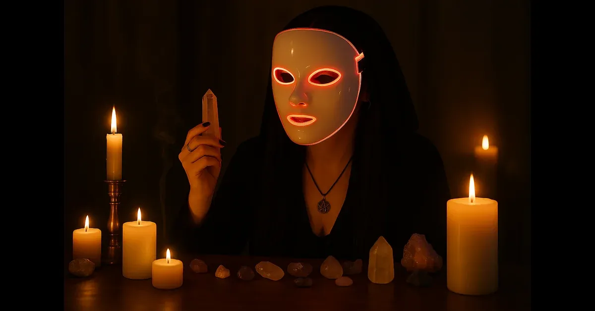 Scene of a woman wearing a glowing LED face mask, symbolising home red light therapy and adenosine triphosphate (ATP) skin renewal.