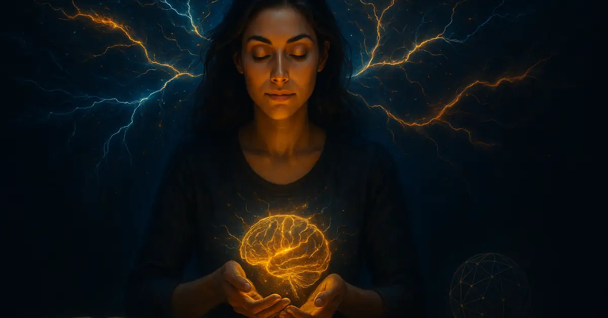 Artwork of a woman surrounded by glowing neural pathways, symbolising neuroplasticity exercises for focus and memory